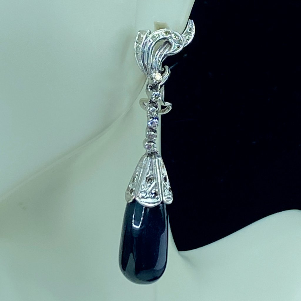 C1903-'S Sterling 0.38ct Genuine Diamonds Cat's Eye Diopside Dangle Earrings..2